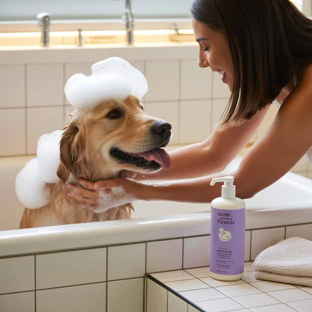 A dog enjoying a relaxing bath with shampoo applied by a gentle groomer