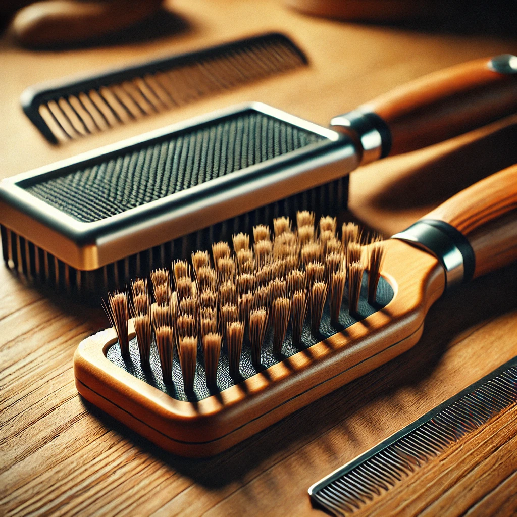 Different types of brushes for dog grooming.