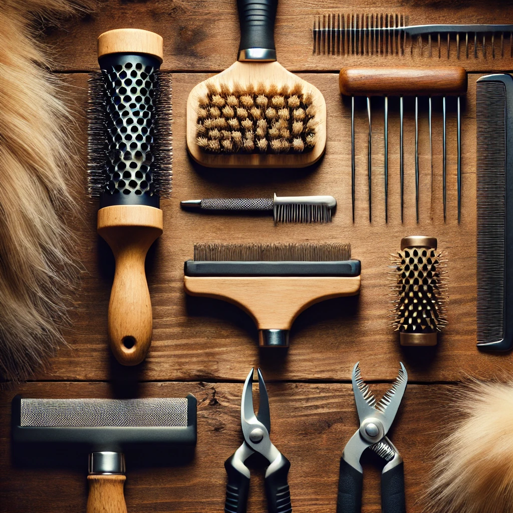 Essential dog grooming toolkit featuring a slicker brush, comb, nail clippers, and scissors arranged on a table