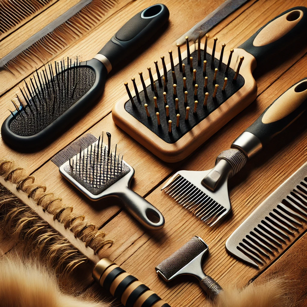 Comparison of different types of dog grooming brushes: slicker brush, bristle brush, and undercoat rake.