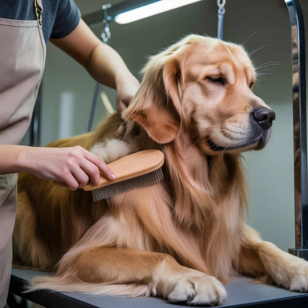 A groomer brushing a dog’s long coat with a slicker brush, ensuring comfort.