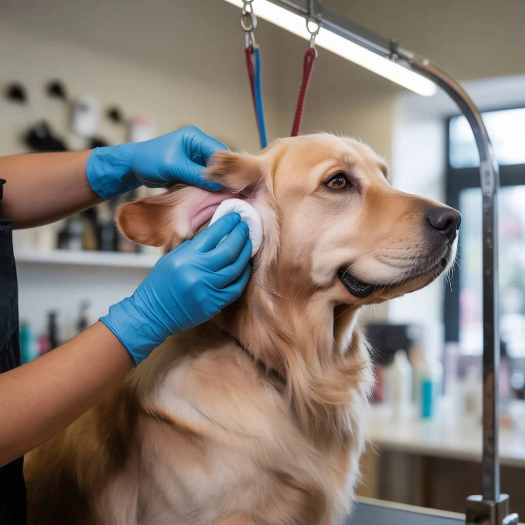 A dog’s ear being cleaned gently by a professional groomer