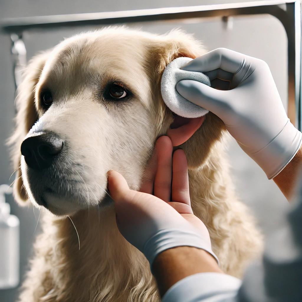 Groomer cleaning a dog’s ears gently.