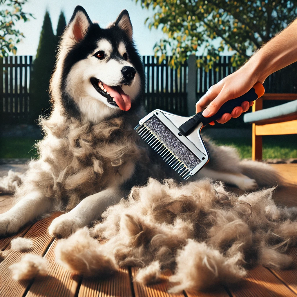 Using an undercoat rake on a Siberian Husky to manage shedding and remove loose hair.