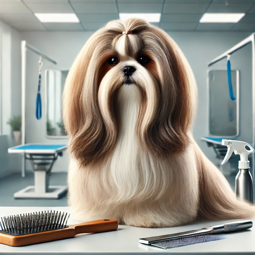 Long-haired Shih Tzu dog with a tangle-free coat alongside essential grooming tools like a slicker brush.