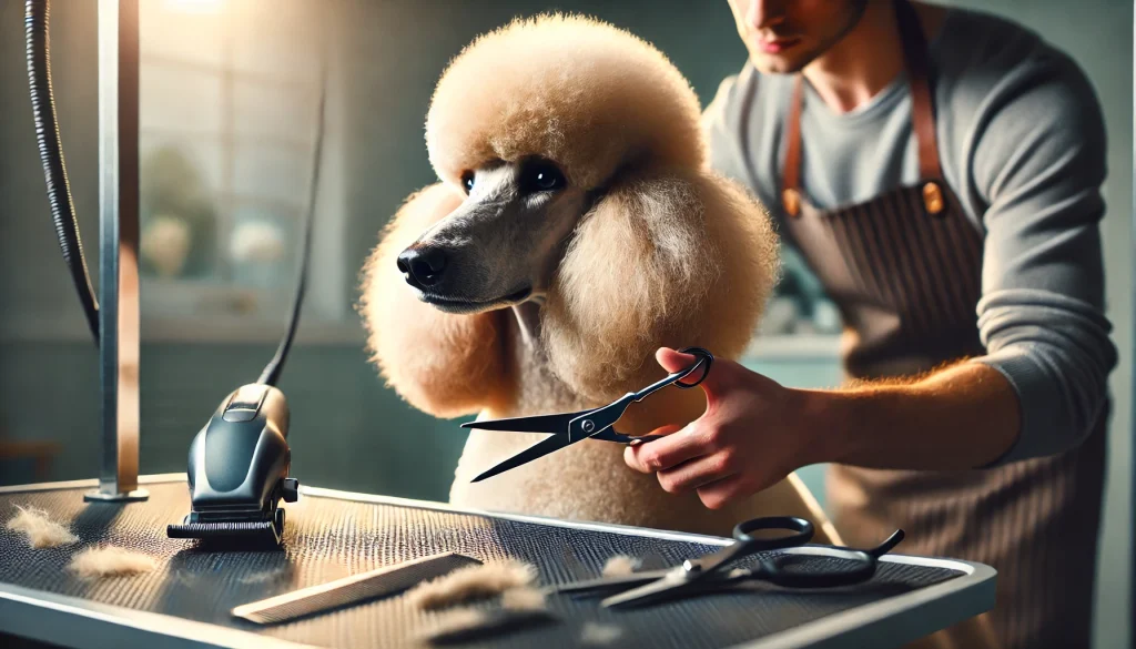  Professional dog grooming tools including straight shears, thinning shears, and electric clippers.