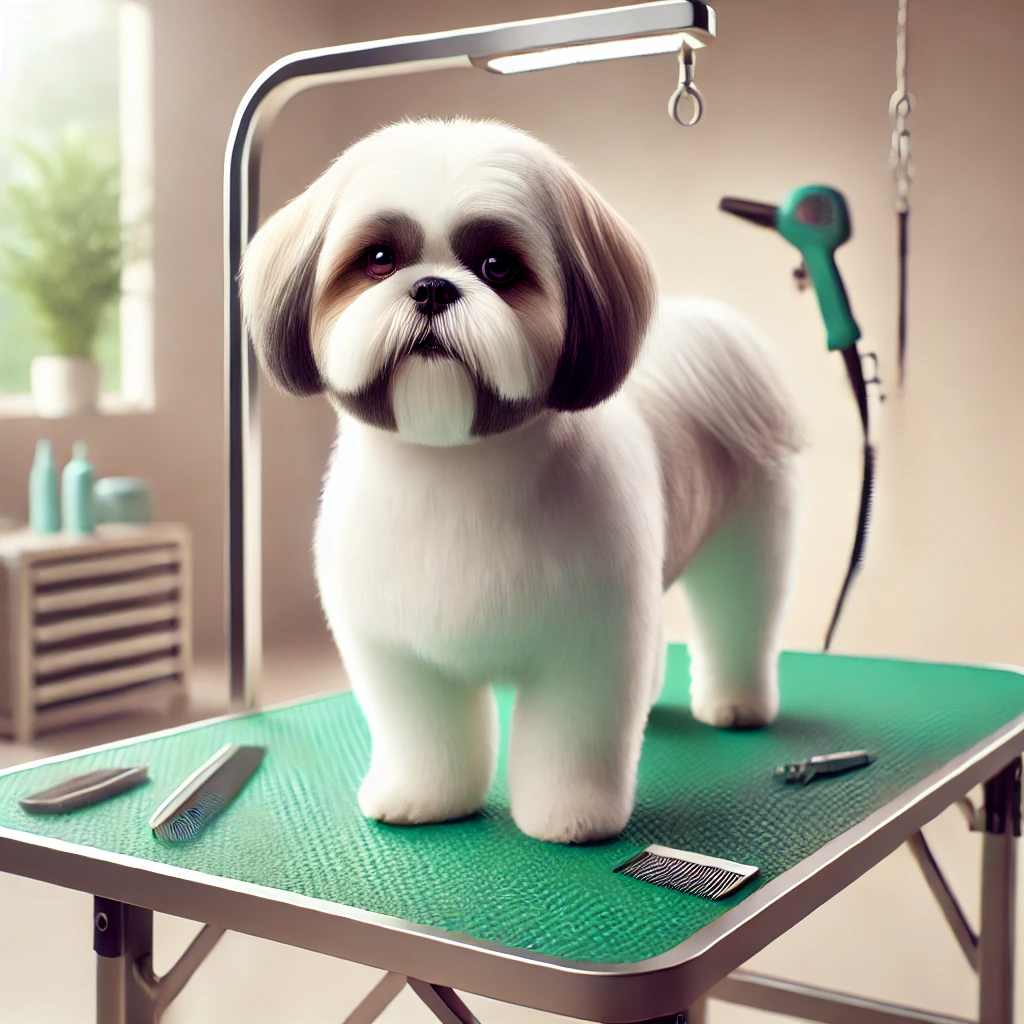 Dog standing on a grooming table during grooming session.