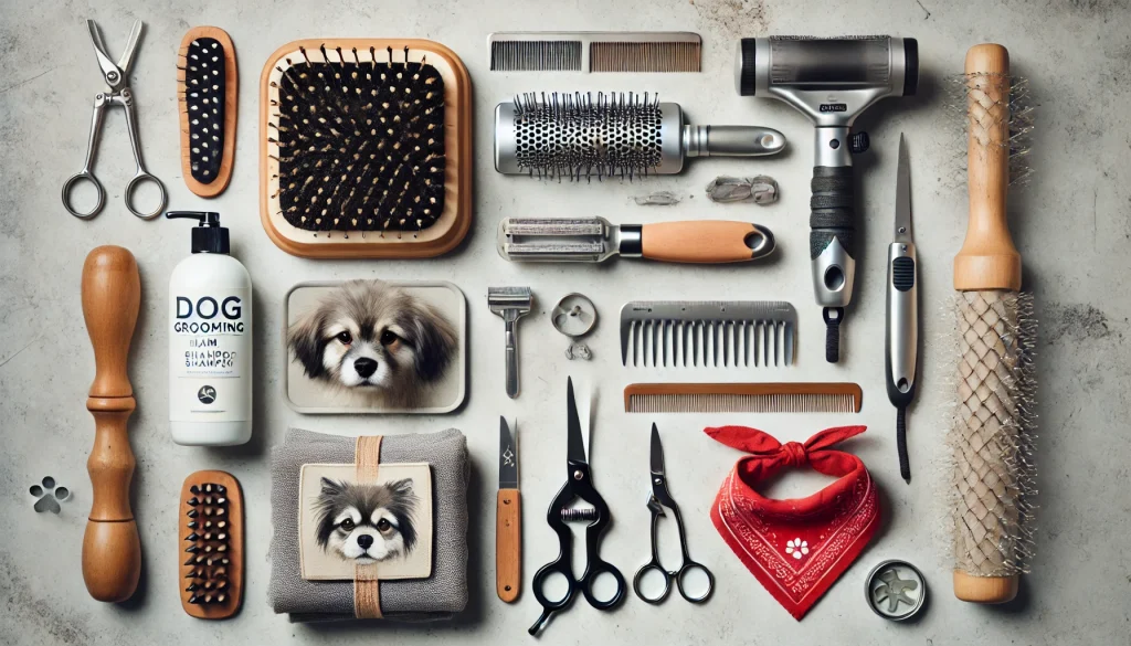 Dog grooming tools and accessories arranged