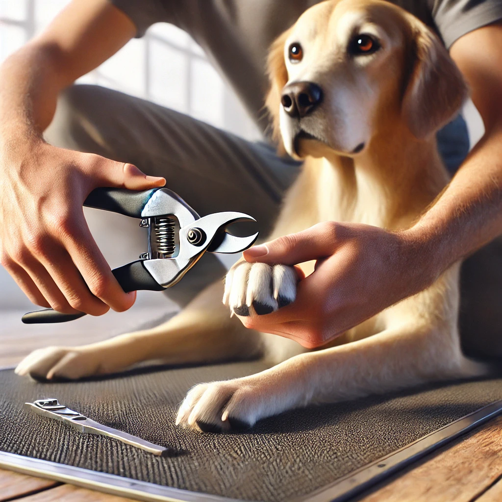 Dog nail trimming with grooming tools.