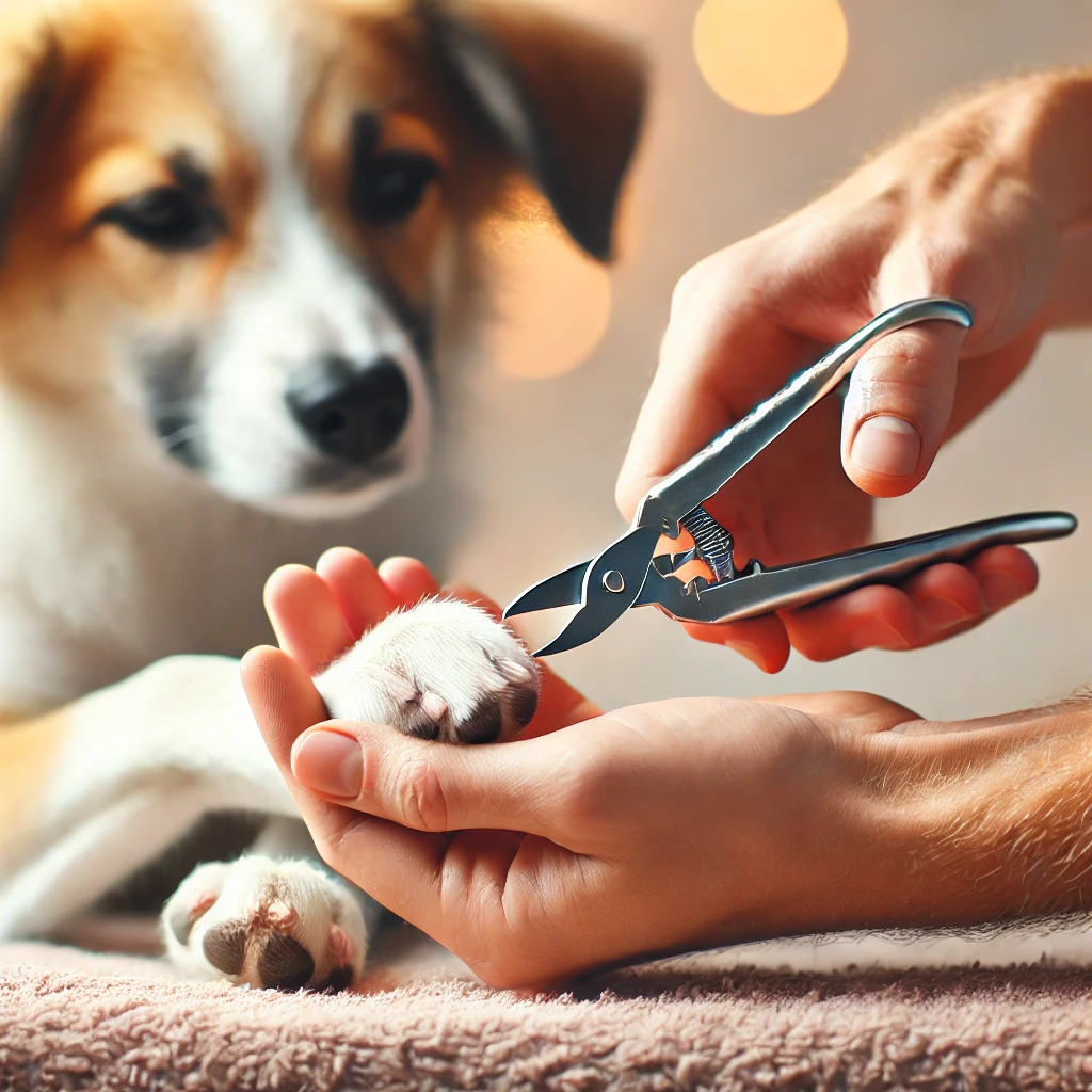 Close-up of a person's hands safely trimming a dog's nail, showing the correct distance from the quick.