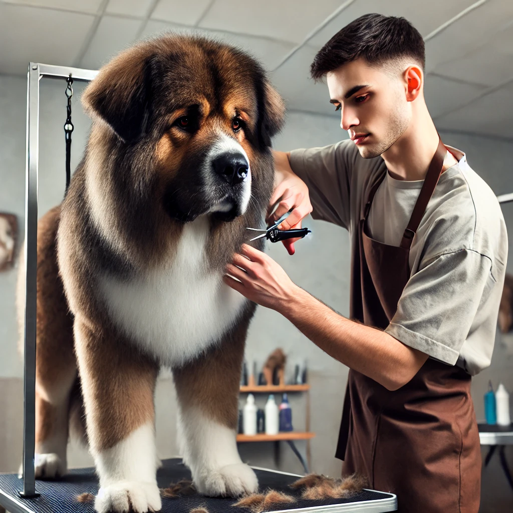A groomer handling a challenging dog with extra care, ready to tip more for the exceptional service.