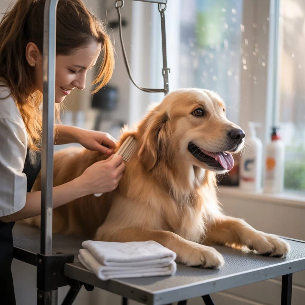 A dog sitting calmly on a grooming table, groomed with love and care.