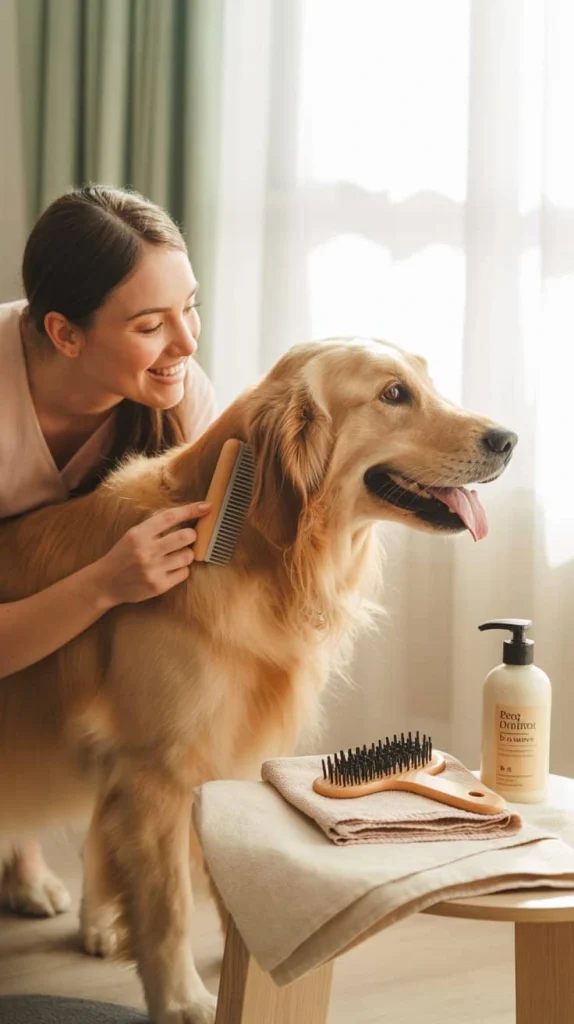 Woman brushing a happy golden retriever at home with grooming tools on the table, bright natural lighting, showing gentle dog care and bonding — represents Enlvo.com Dog Grooming Tips About Us section