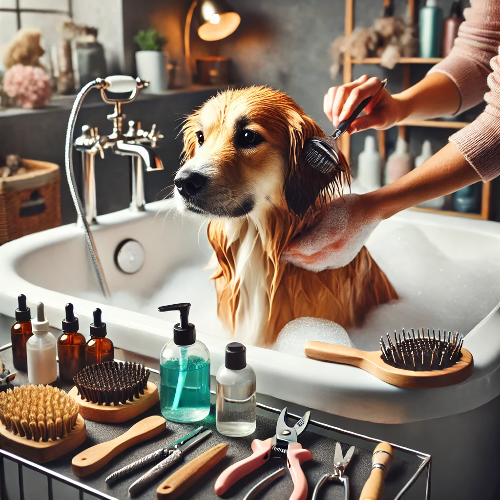 “Dog being bathed with grooming tools ready for the next step.