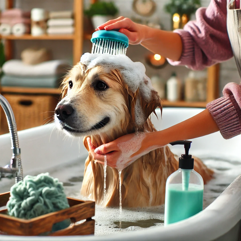 Bathing a dog with shedding coat to reduce hair and maintain skin health.