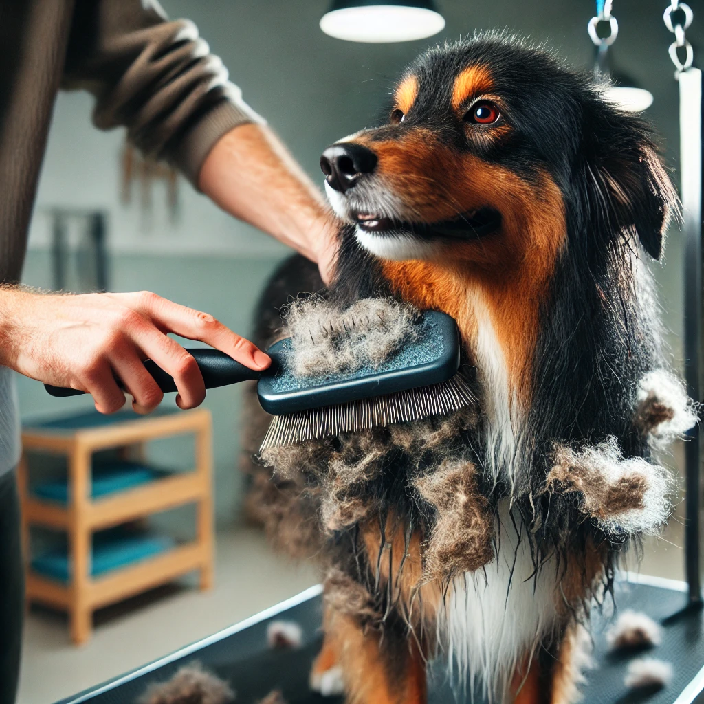 Brushing a dog’s long coat with a slicker brush