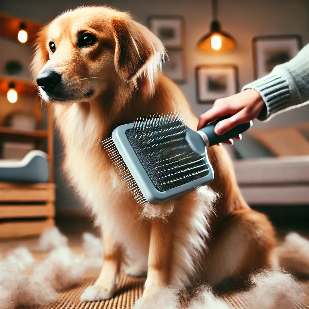 Dog being brushed with a de-shedding brush during grooming routine.