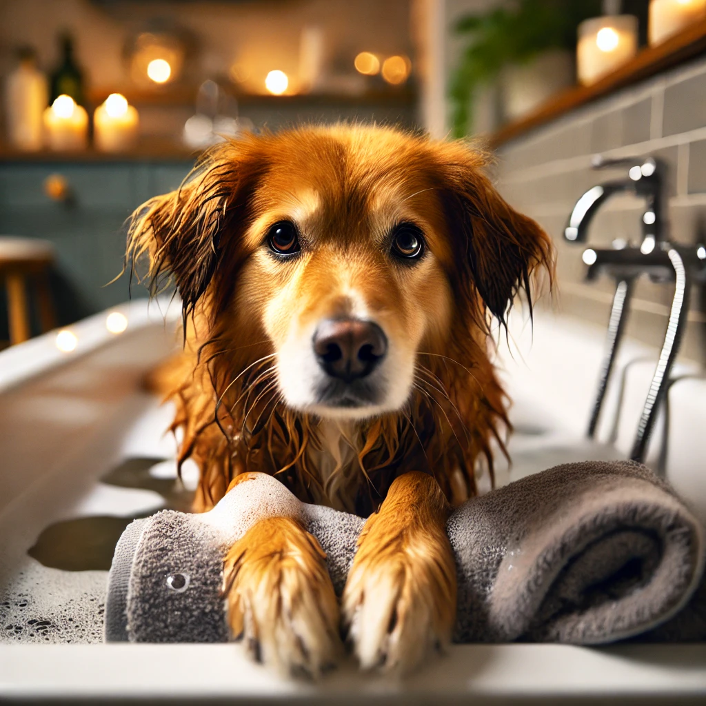 Dog enjoying a bath during a home grooming session.
