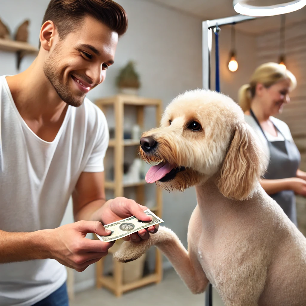 et owner tipping a dog groomer after a successful grooming session.
