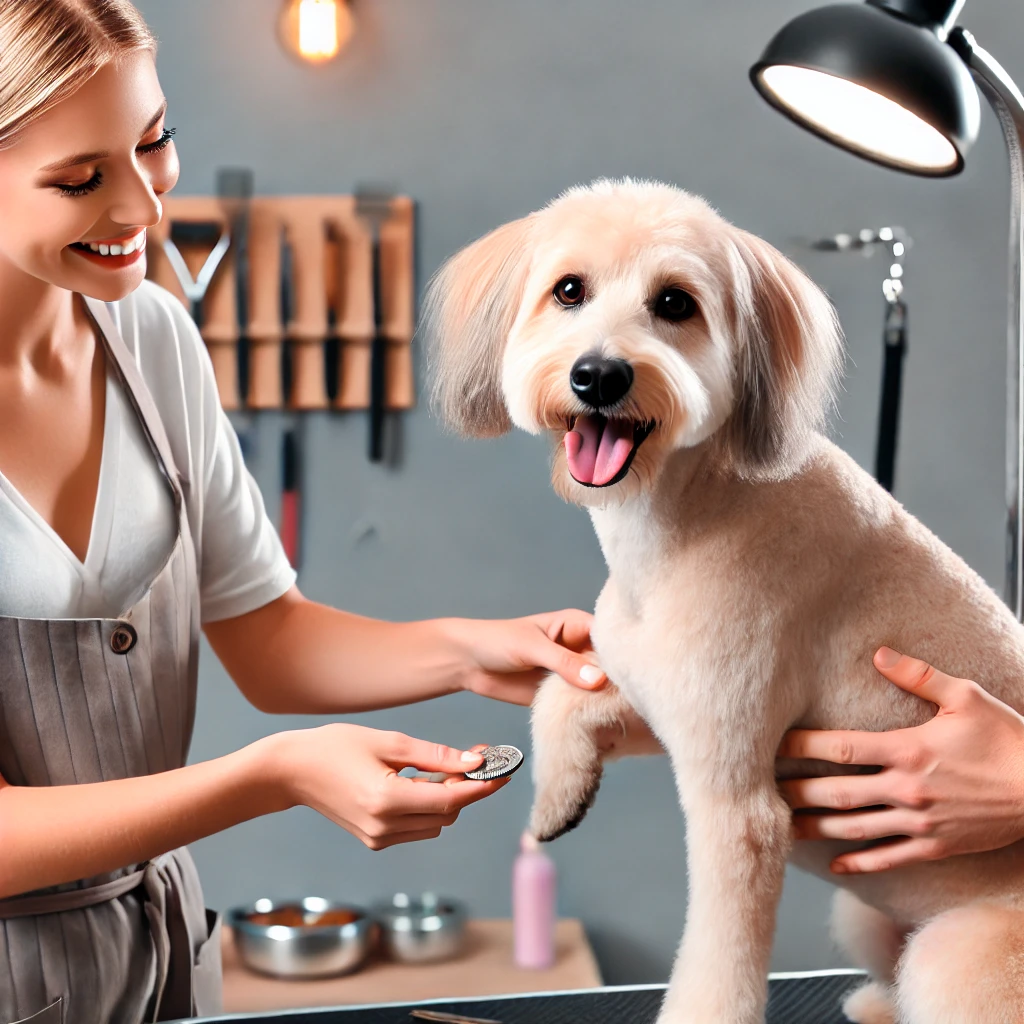 Pet owner tipping a dog groomer after a successful grooming session.how much do I tip my dog groomer