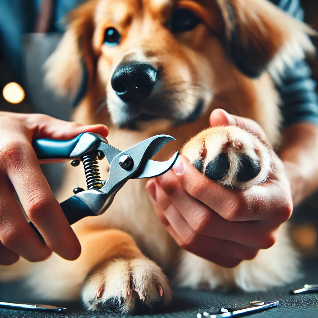 Trimming a dog’s nails with professional clippers at home.
