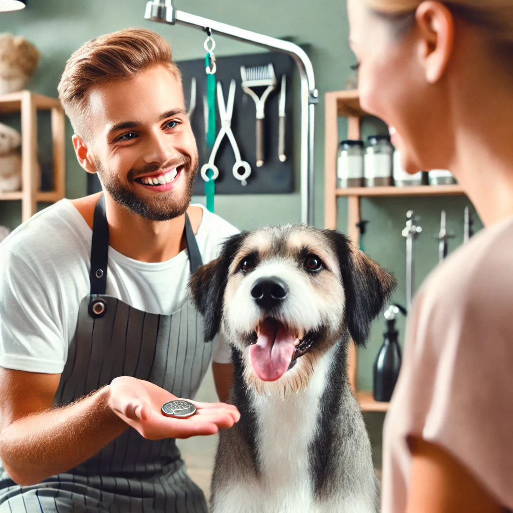 Handing a tip to a dog groomer in appreciation for great service.