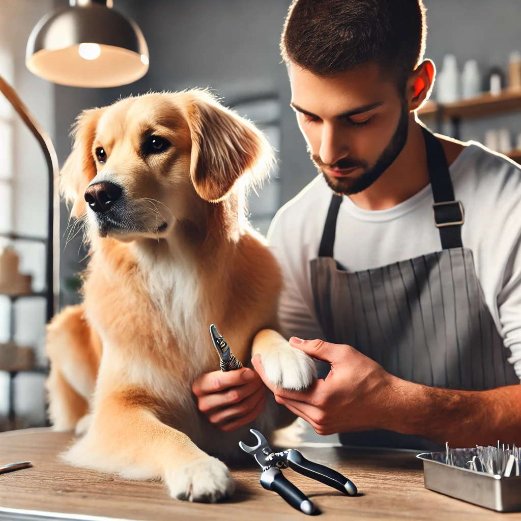 Proper nail trimming technique when grooming a dog, cutting at the correct angle to avoid the quick.