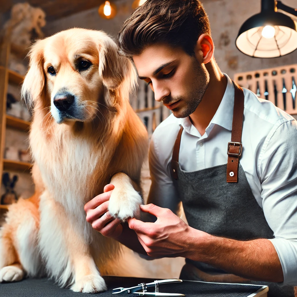 Trimming dog nails during grooming session.