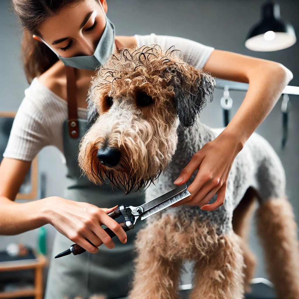 Using a stripping knife to groom a wire-haired dog
