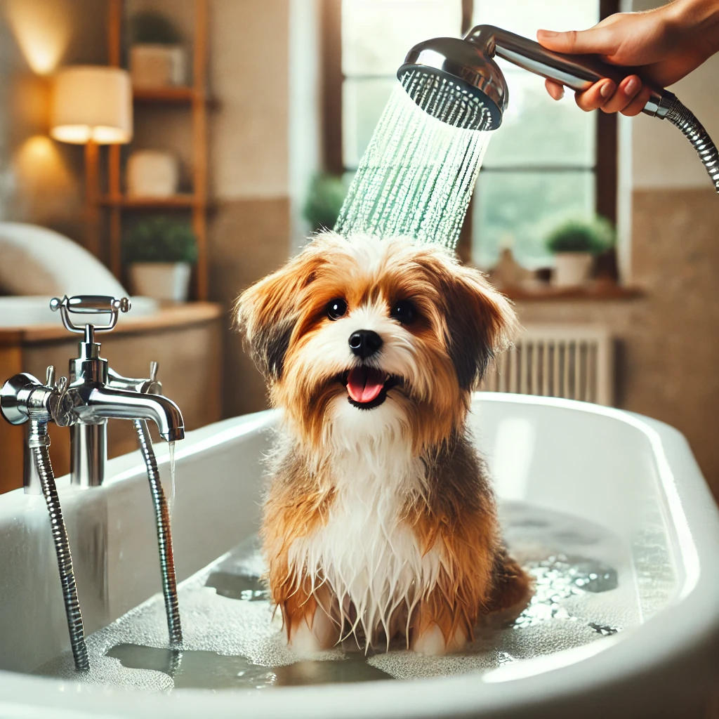 Dog enjoying a gentle bath as part of regular dog grooming tips.dog grooming tips