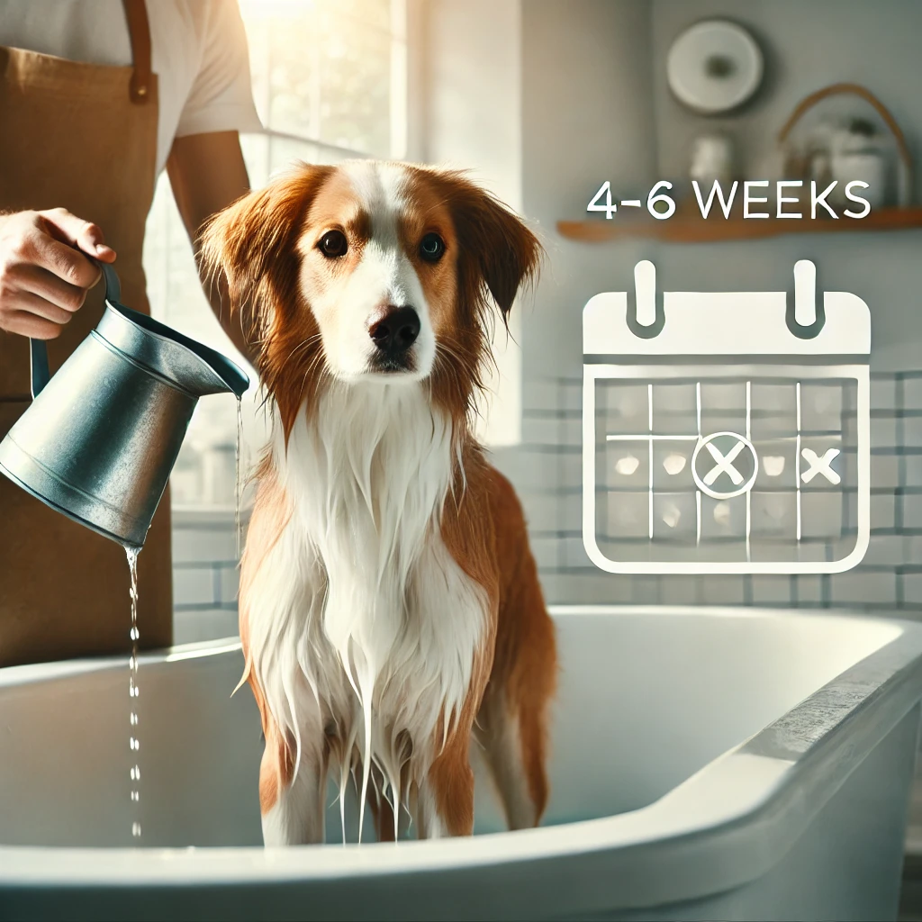 Gently bathing a dog every 4-6 weeks with a pitcher and dog-specific shampoo to protect its skin.