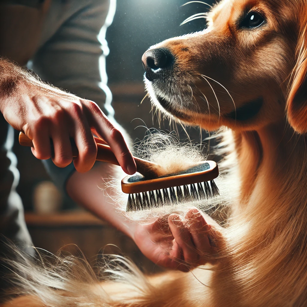 The first step when grooming a dog: thorough brushing to remove loose fur and prevent matting.