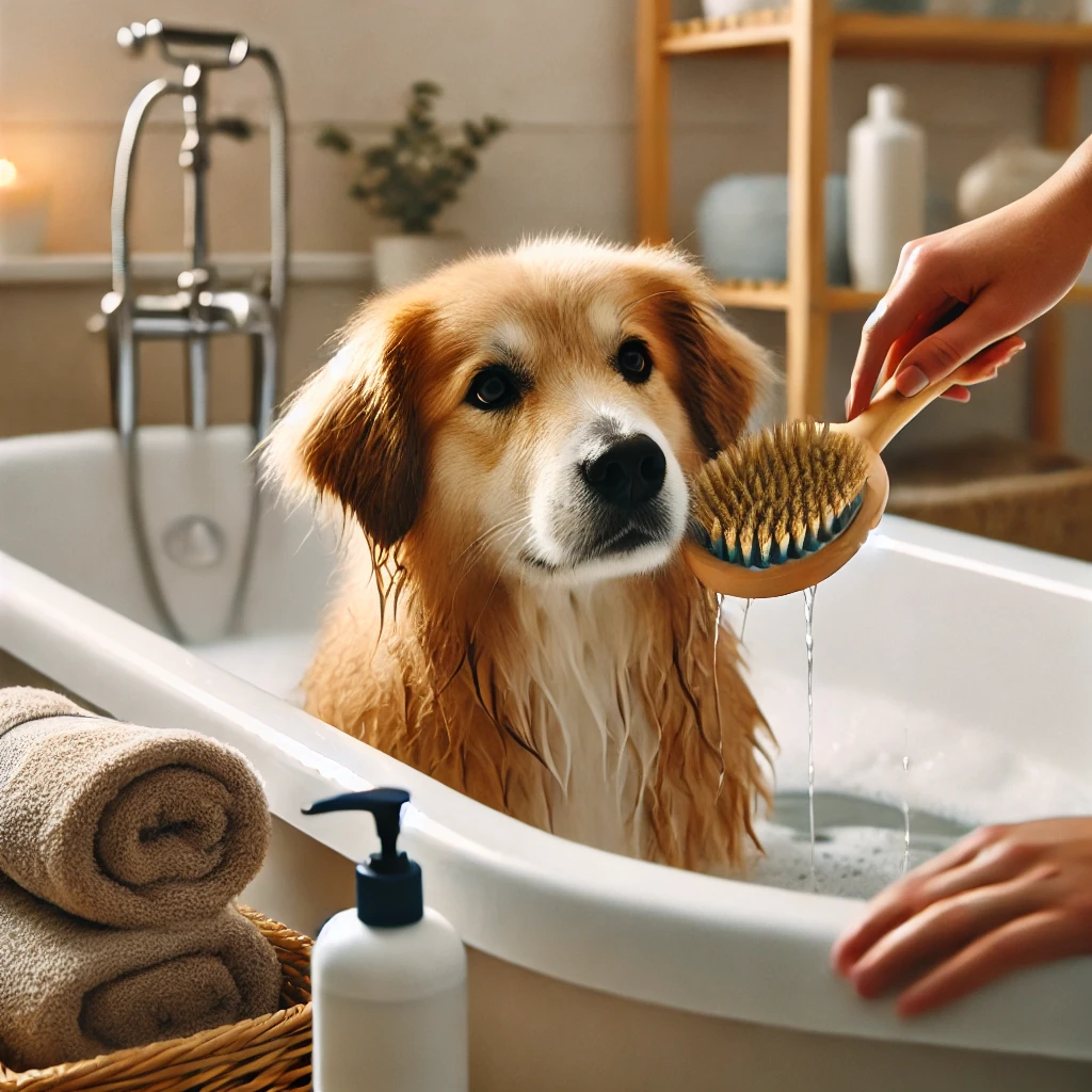 Brushing and bathing a dog with gentle dog shampoo during grooming.