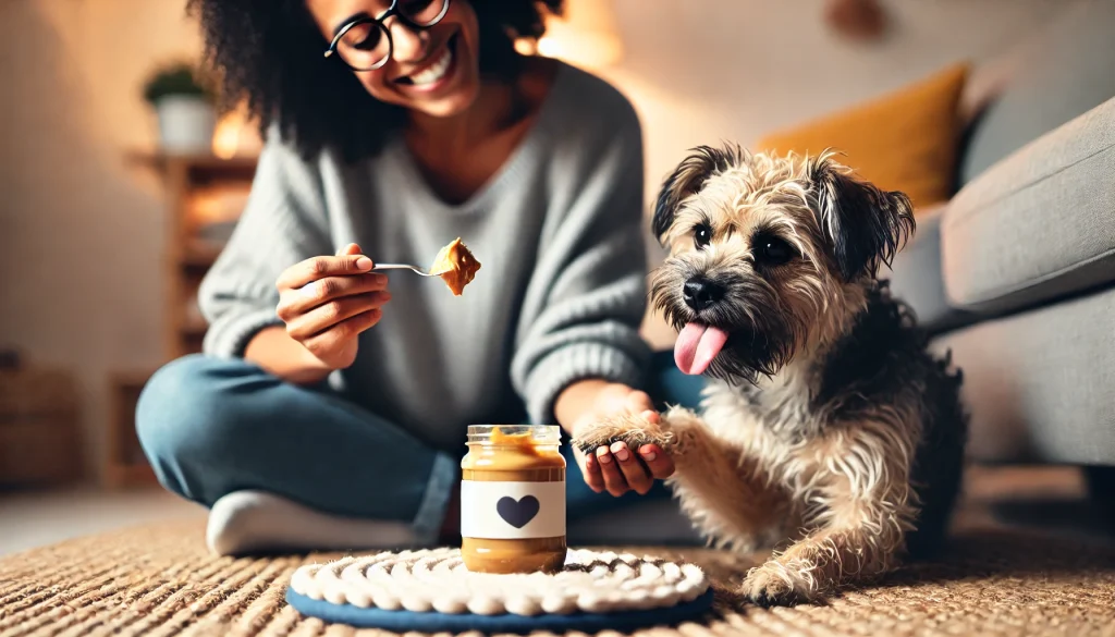 Using a peanut butter lick-mat to distract and calm a dog during paw handling and nail care.