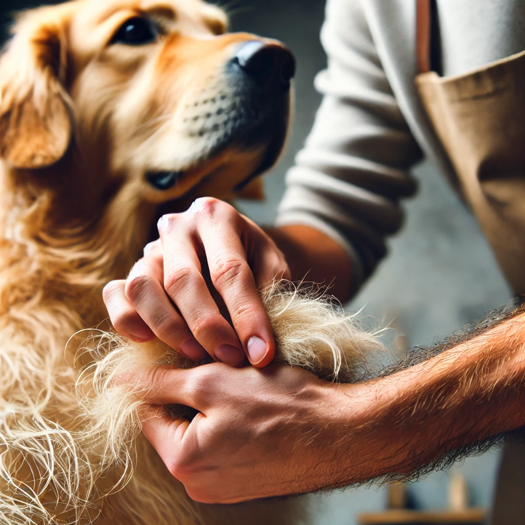 Important inspection when grooming a dog: checking for hidden mats and tangles in the coat.