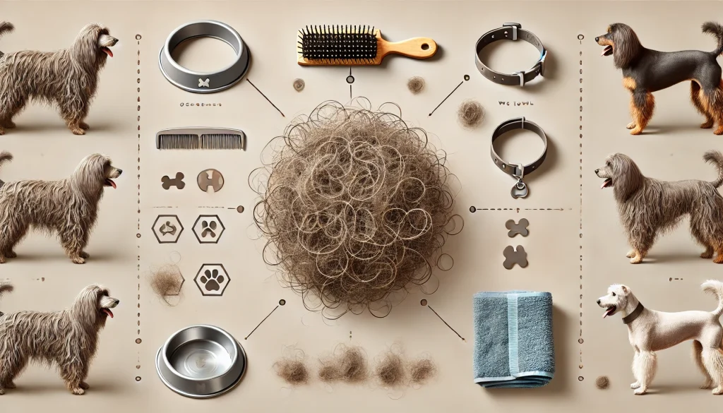 A conceptual flat-lay illustrating the causes of matted hair. Show a tangled clump of fur surrounded by icons representing the causes: a neglected brush, a wet towel, a dog collar, and a pile of shed fur. Arrange them on a neutral background with a concerned tone. --ar 16:9