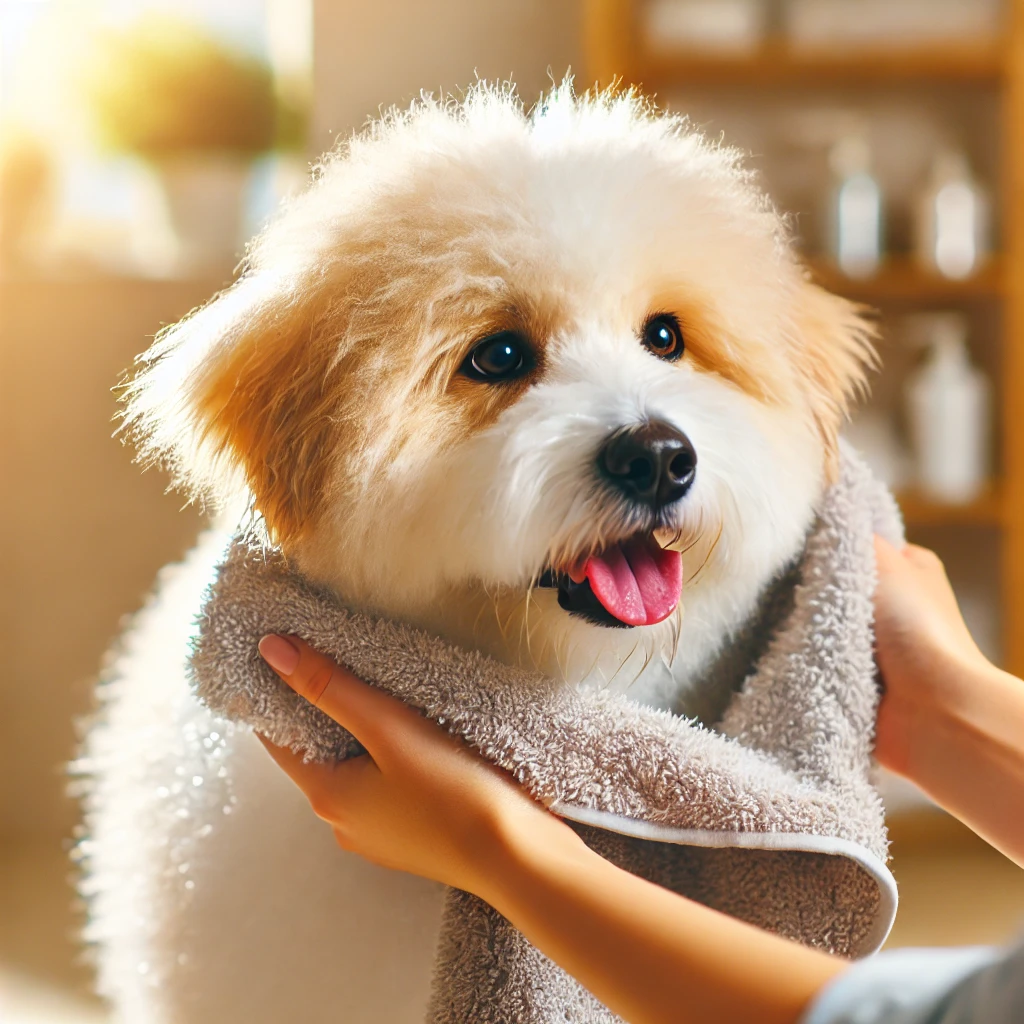 Towel drying a dog after a bath to remove excess water