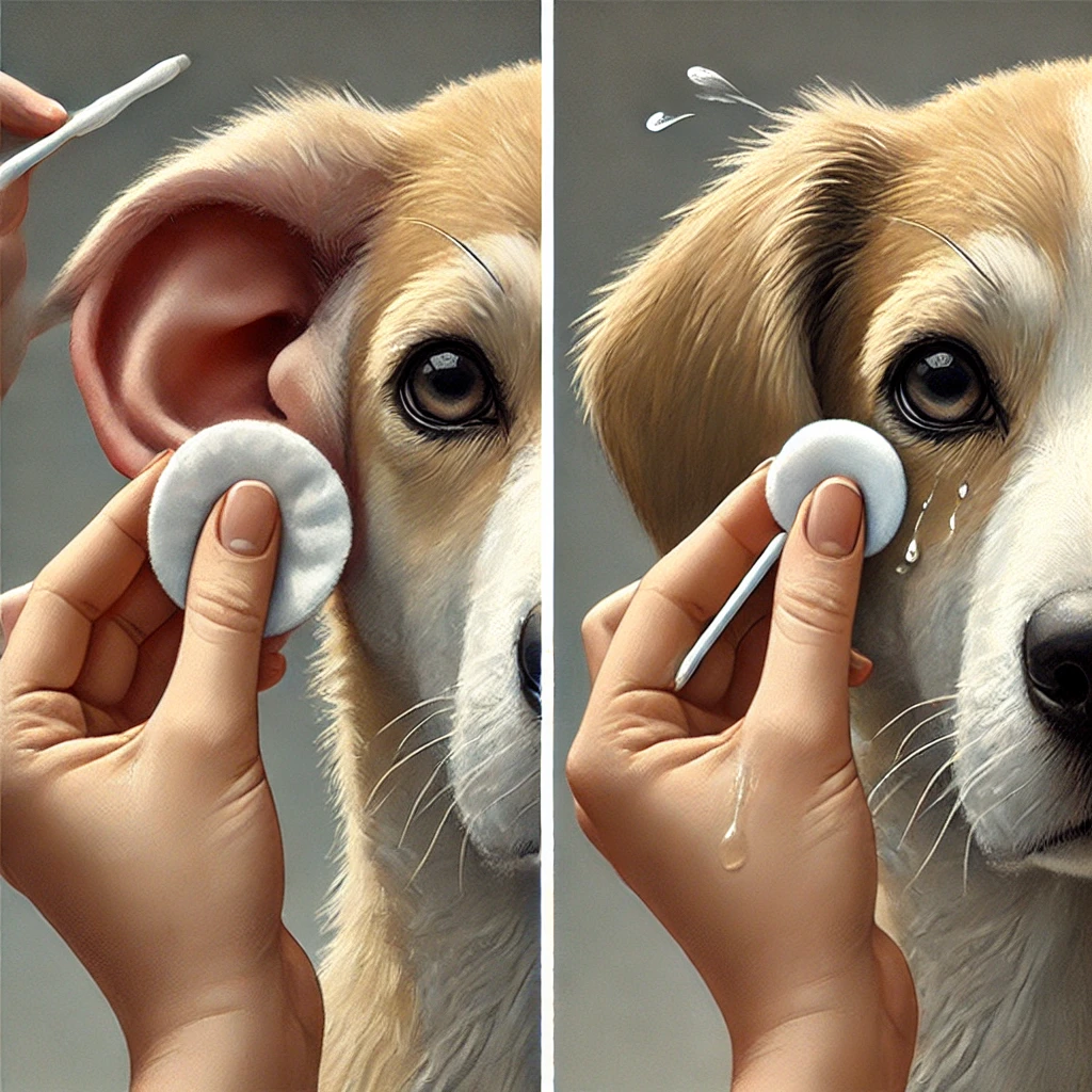  Proper technique for gently cleaning a dog's ears and eyes to prevent infection and irritation.