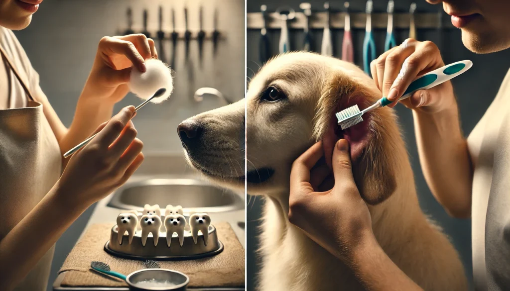 Essential health care when grooming a dog: proper ear cleaning and teeth brushing techniques.