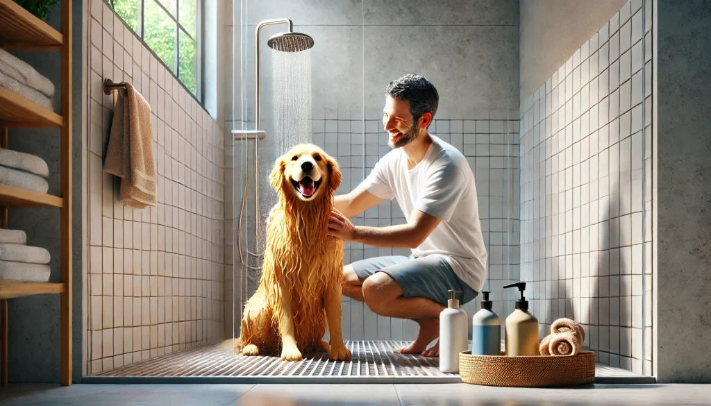 A happy owner bathing a calm Golden Retriever in a modern shower, demonstrating stress-free dog bathing-dog grooming tips for beginners