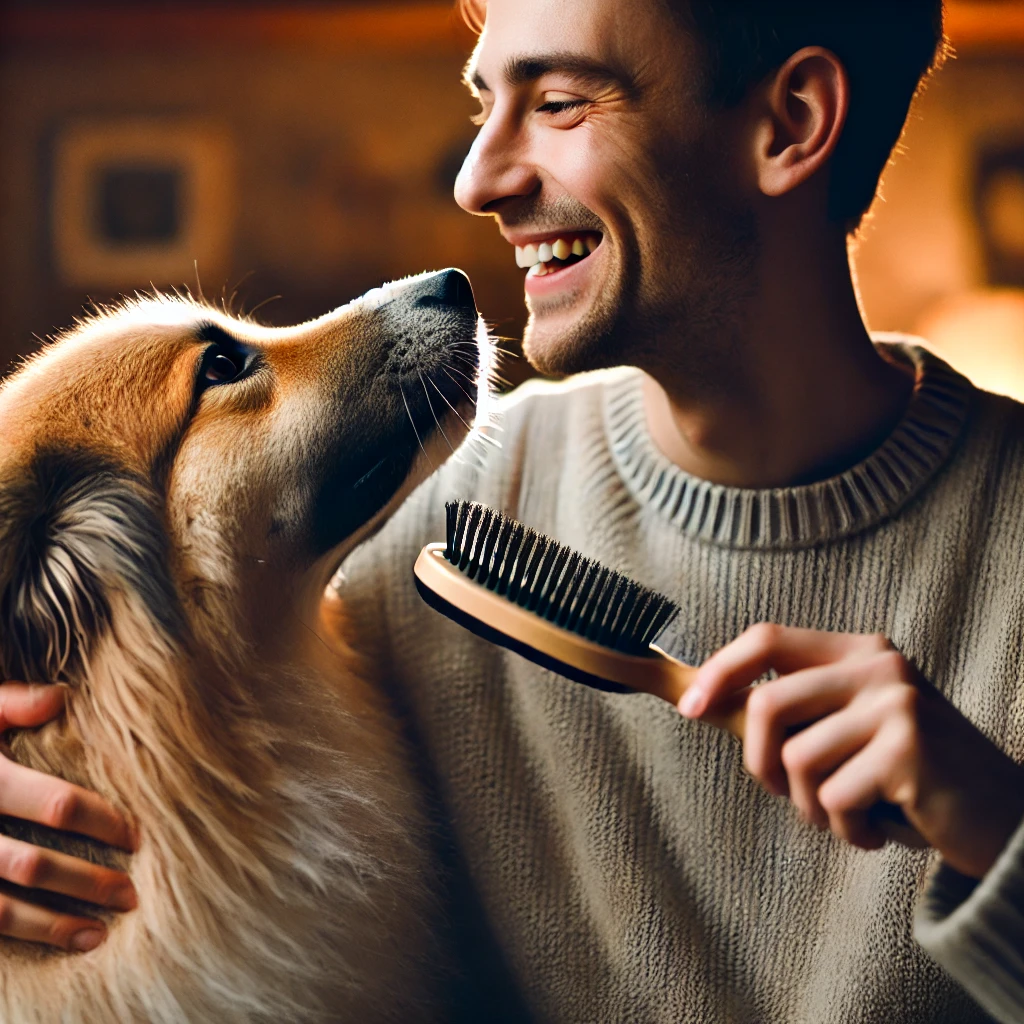 A owner and dog sharing a bonding moment during a positive and gentle grooming session.