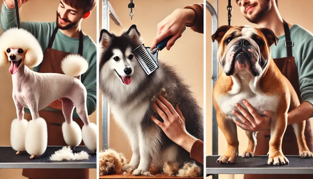 Collage showing the unique grooming needs of different dog breeds like Poodles, Huskies, and Bulldogs.