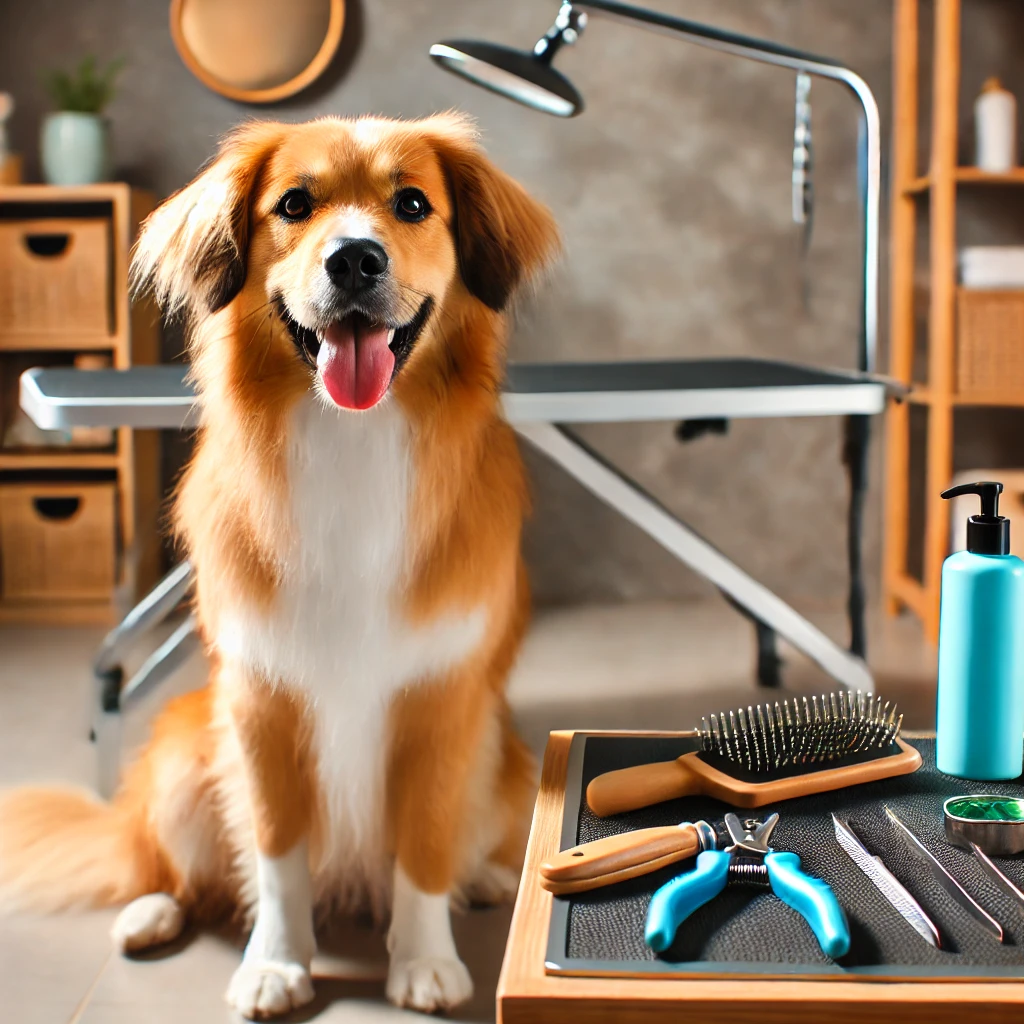 A well-groomed dog beside essential grooming tools for dog grooming at home.Dog Grooming at Home