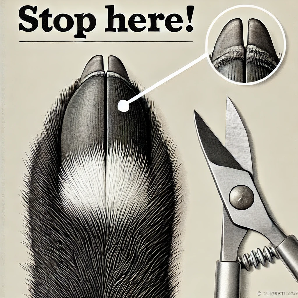 Educational close-up of a clipped black dog nail, highlighting the safe cutting point with a white ring and dark center.