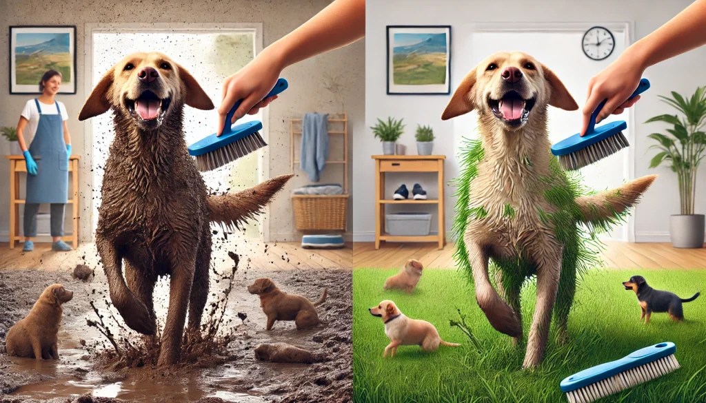 Split-image showing an active, muddy dog and the same dog being groomed, highlighting how lifestyle affects grooming needs.