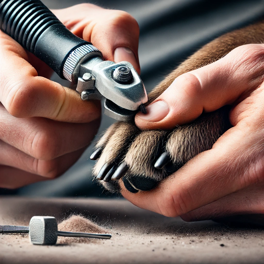 Safely trimming a dog's dark nails by grinding off small amounts to avoid the quick.