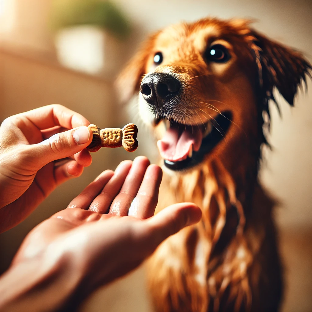Rewarding a dog with treats after bath time to create positive associations.
