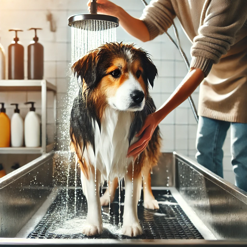 Proper bathing technique when grooming a dog, using lukewarm water and dog-safe shampoo.