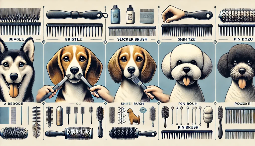 Visual guide to the correct brush types for short, long, and curly dog coats.