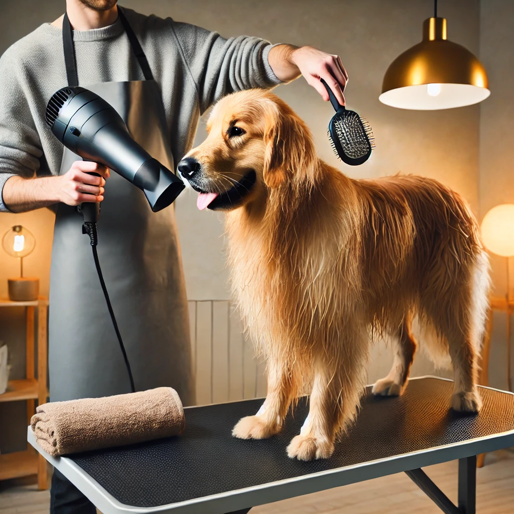 Safe drying method when grooming a dog, using a pet dryer and brushing simultaneously to prevent tangles.